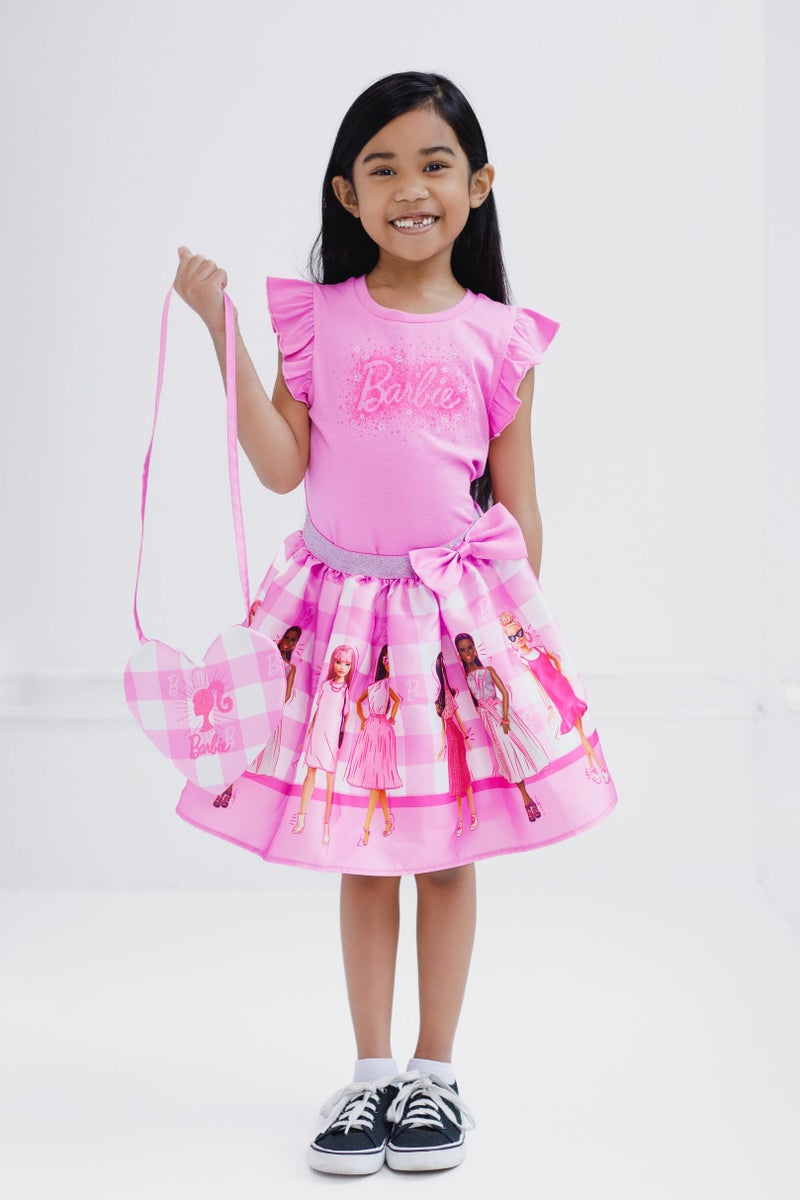 Barbie Little Girls Tank Top, Satin Skirt and Side Bag 3 Piece Outfit Set Gingham Pink 7-8 - Image 4