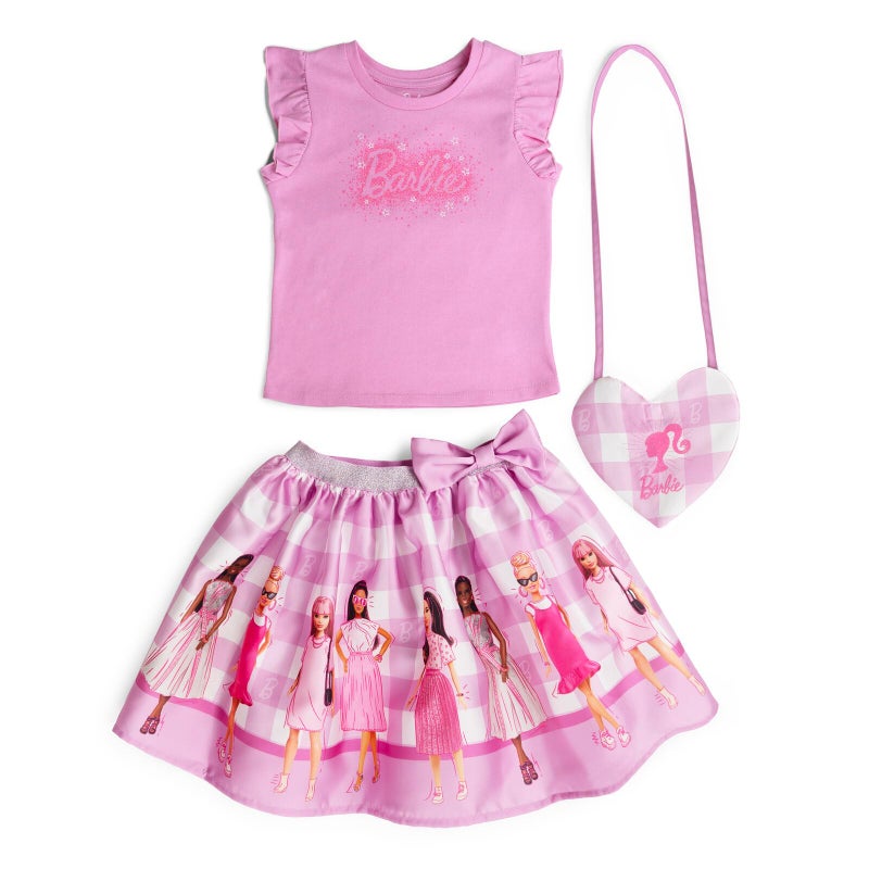 Barbie Little Girls Tank Top, Satin Skirt and Side Bag 3 Piece Outfit Set Gingham Pink 7-8 - Image 1