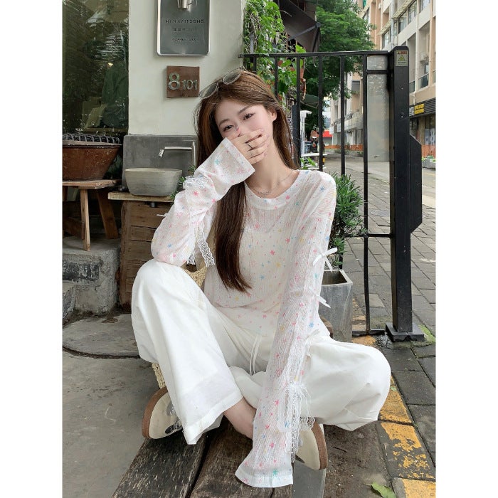 [] Thin Printed Long-Sleeved Sunscreen T-Shirt Summer Design Bow Lace Stitching Top - Image 1