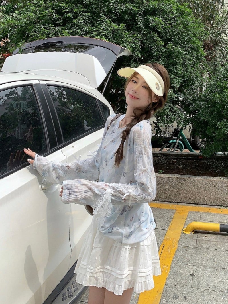 [] Thin Printed Long-Sleeved Sunscreen T-Shirt Summer Design Bow Lace Stitching Top - Image 5