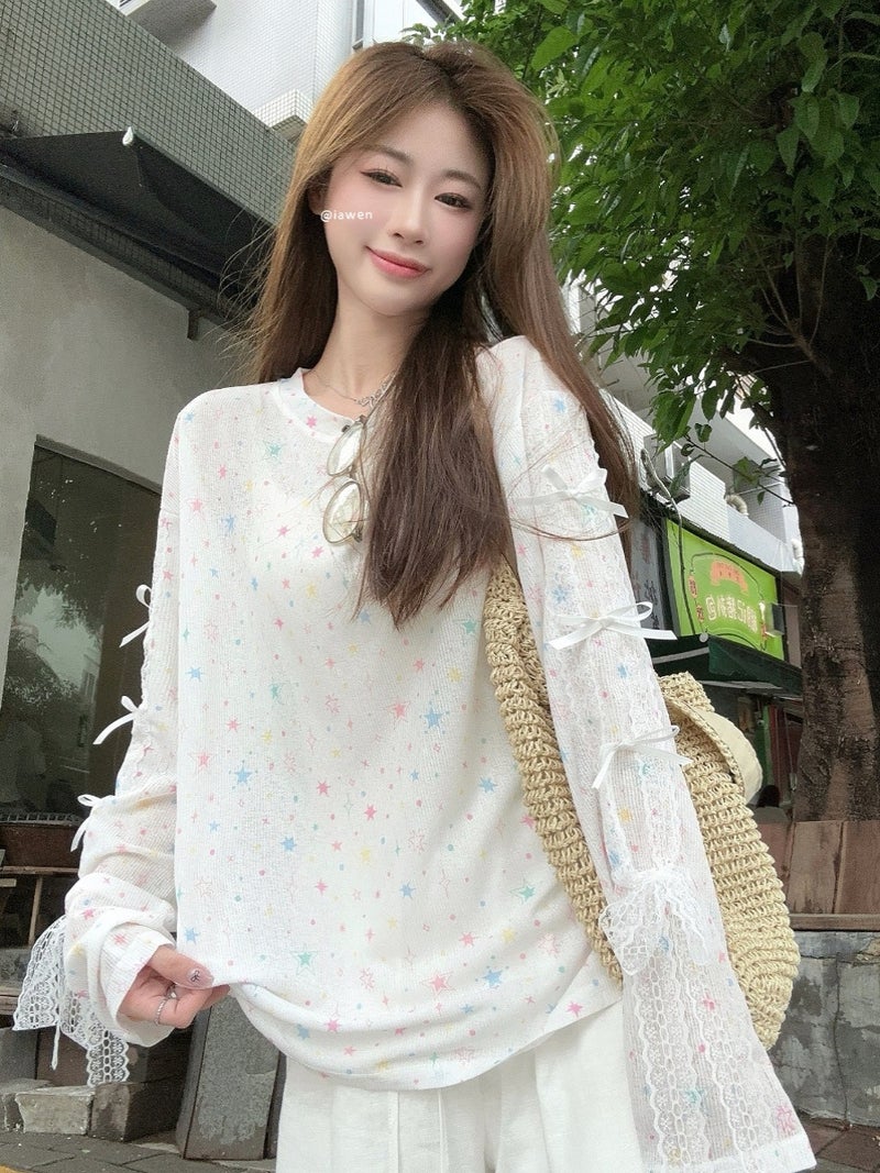 [] Thin Printed Long-Sleeved Sunscreen T-Shirt Summer Design Bow Lace Stitching Top - Image 2