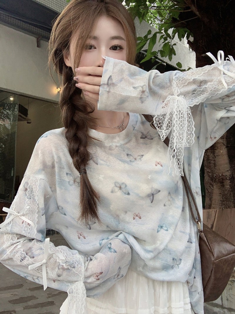 [] Thin Printed Long-Sleeved Sunscreen T-Shirt Summer Design Bow Lace Stitching Top - Image 4