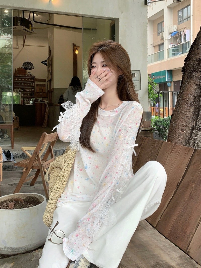 [] Thin Printed Long-Sleeved Sunscreen T-Shirt Summer Design Bow Lace Stitching Top - Image 3