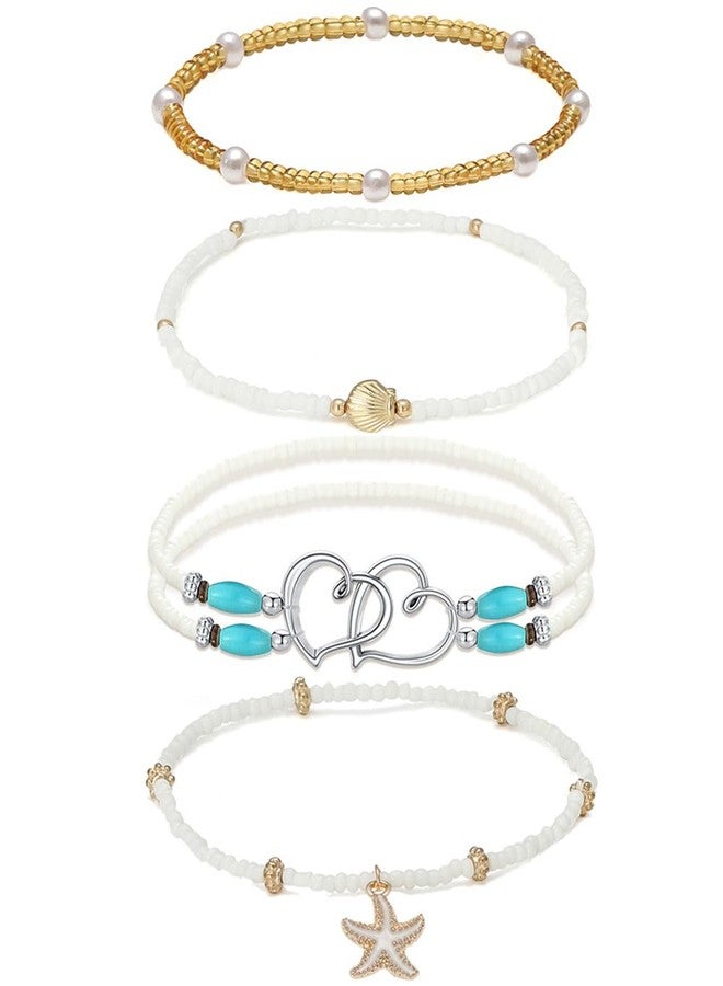 Tornito Shell Ankle Bracelet Set for Women Gold Boho Bead Anklets Summer Hawaiian Beach Seashell Pearl Disc Double Heart Starfish Conch Layered Foot Chain Jewelry Adjustable - Image 3