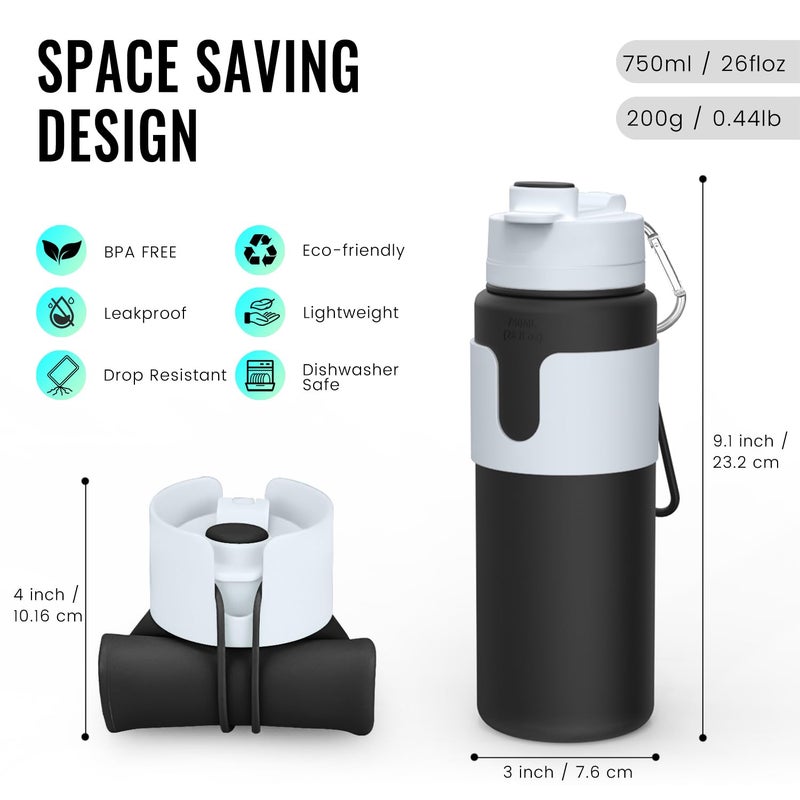 Nefeeko Collapsible Water Bottle, BPA Free 26oz Foldable Water Bottle for Travel Sports, Leak-Proof Spill-Proof Portable Water Bottles with Carabiner, Lightweight (Black) - Image 2
