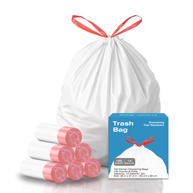 KUK 13 Gallon Tall Kitchen Drawstring Trash Bags, Unscented, White, 120 Count, Tear-Free Individual Garbage Bags, Tear-Resistant, Leak Proof, Garbage Bag for Kitchen, Home Office 2 - Image 1
