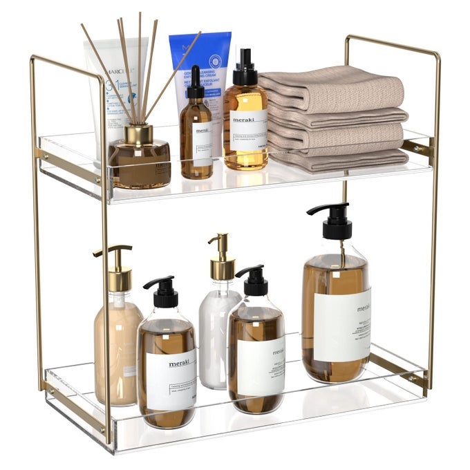 BATHROOM COUNTERTOP ORGANIZER 2 TIER ACRYLIC TRAY VANITY COUNTER SKINCARE ORGANIZER SHELF KITCHEN UNDER SINK STANDING RACK HOME STORAGE HOLDER FOR LOTION MAKEUP COSMETICS PERFUME SPICE GOLD