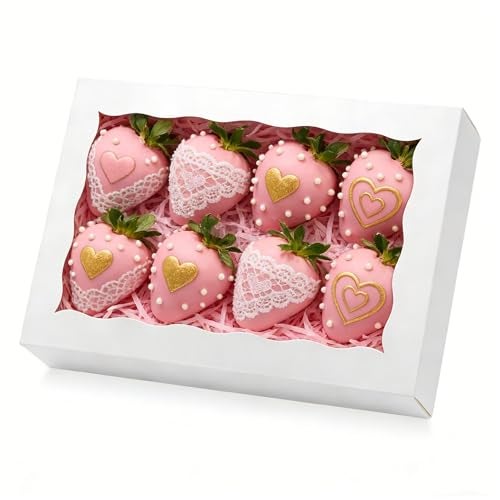 XINHPKGG 50pcs Cookie Boxes with window 8x5x2 Inch Bakery Boxes Treat Box Dessert Box for Chocolate Covered Strawberries Macaron Pastry - White - Image 1