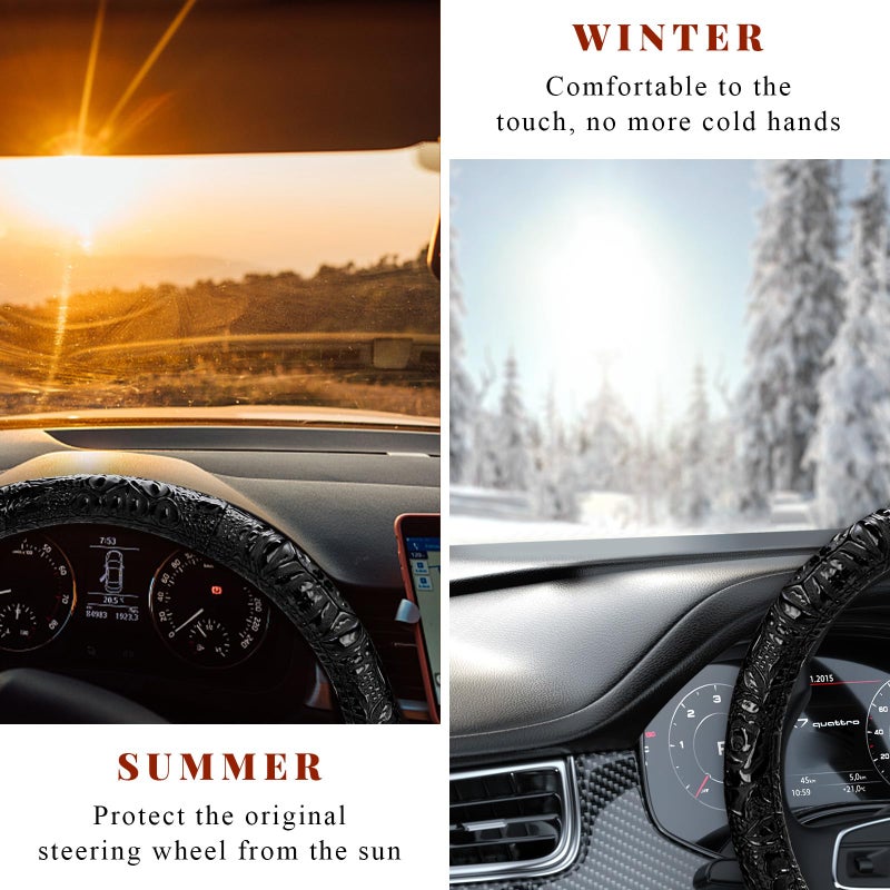 NYTKL Leather Car Steering Wheel Cover, 15" Crocodile Pattern Anti Slip Car Wheel Wrap with Rose Grain, Four Seasons Universal Auto Steering Wheel Protector for Cars Trucks SUVs (Black) - Image 5