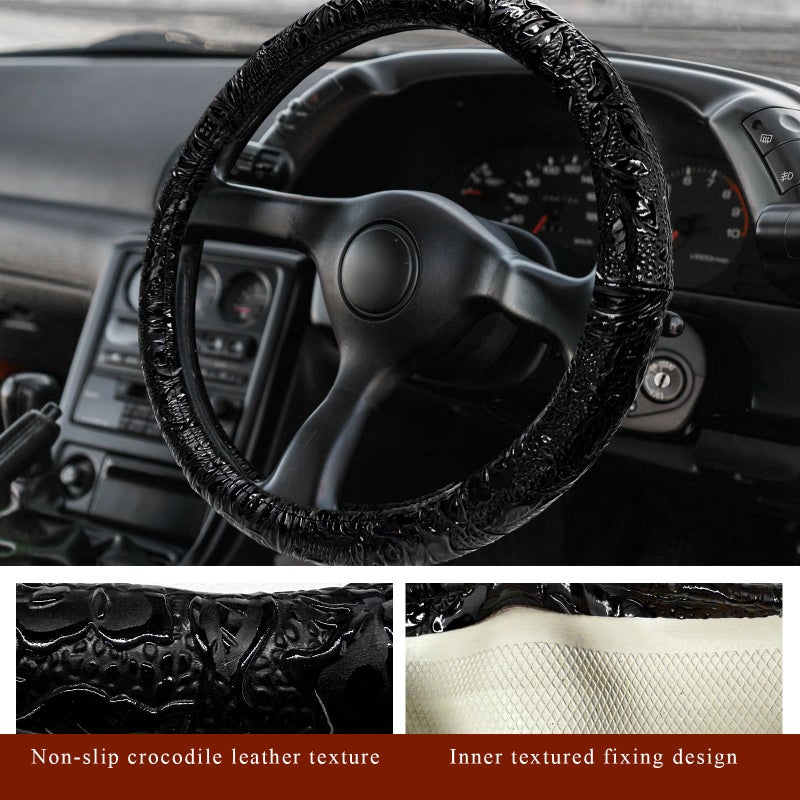 NYTKL Leather Car Steering Wheel Cover, 15" Crocodile Pattern Anti Slip Car Wheel Wrap with Rose Grain, Four Seasons Universal Auto Steering Wheel Protector for Cars Trucks SUVs (Black) - Image 2