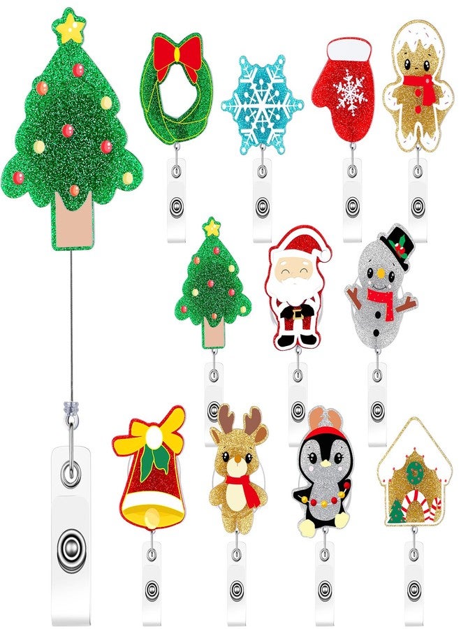 Quelay 11 Pcs Christmas Badge Reels Retractable Christmas ID Name Holder with Clip Name Badges Reindeer Snowman Santa Claus Bling Glitter Name Badge Holder for Nurses Student Gifts - Image 1