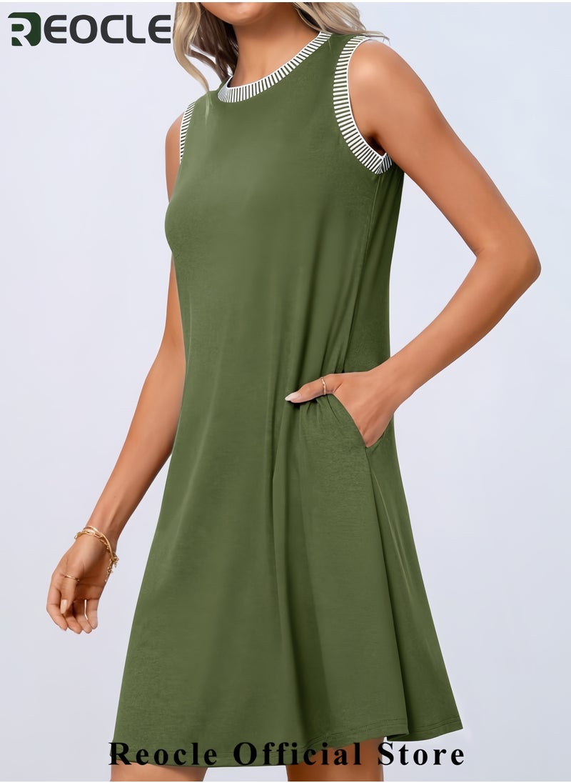 REOCLE Women's Summer Spring Casual Sundress Beach Vacation Sleeveless Tank Crewneck Coverup Mini Dresses  - Image 3