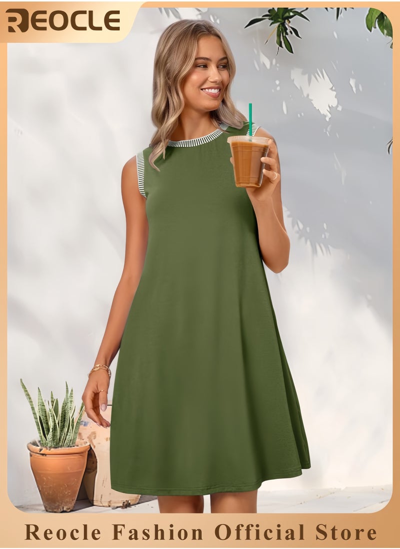 REOCLE Women's Summer Spring Casual Sundress Beach Vacation Sleeveless Tank Crewneck Coverup Mini Dresses  - Image 1