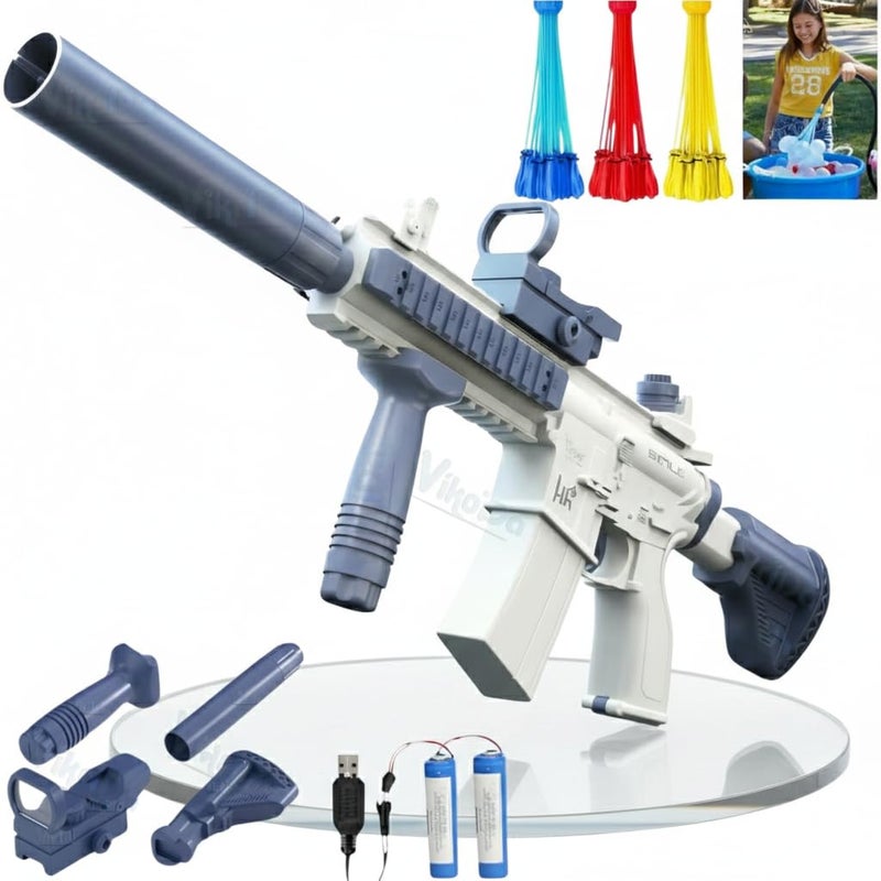 VikriDA M416 Electric Water Gun | Long Range Automatic Water Blaster | Free Extra Rechargeable Battery & 111 Magic Balloons | Beach Day Water Fun Toy – Blue - Image 3