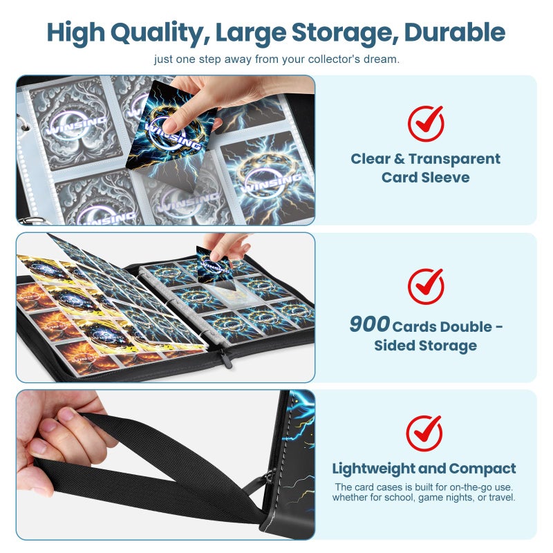 Winsing Card Binders 9 Pocket with 900 Pockets,Zipper Case with 50 Removable Pages, Trading Folder,Album Sleeves Holder Sheets for Game and Sports Cards,Gifts for Boys and Girls,Black - Image 4