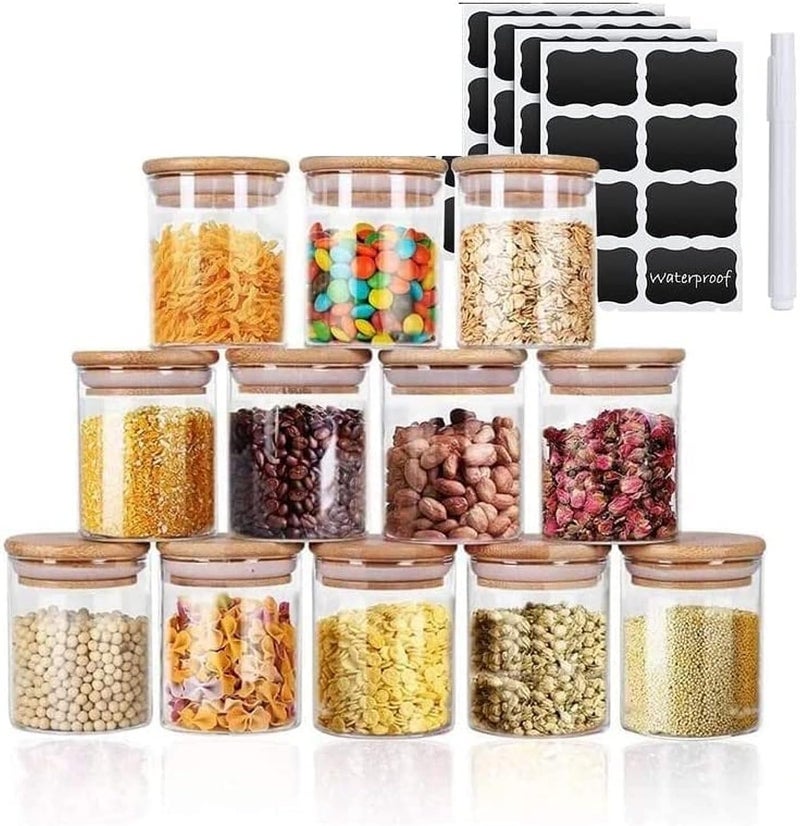 MahMir Glass Jars Set 300ML, 12 pcs Set Glass Spice Jars with Bamboo Airtight Lids and Labels, Food Cereal Storage Spice Containers for Home Kitchen Tea Herbs Coffee Flour Herbs Grains (Round) - Image 1