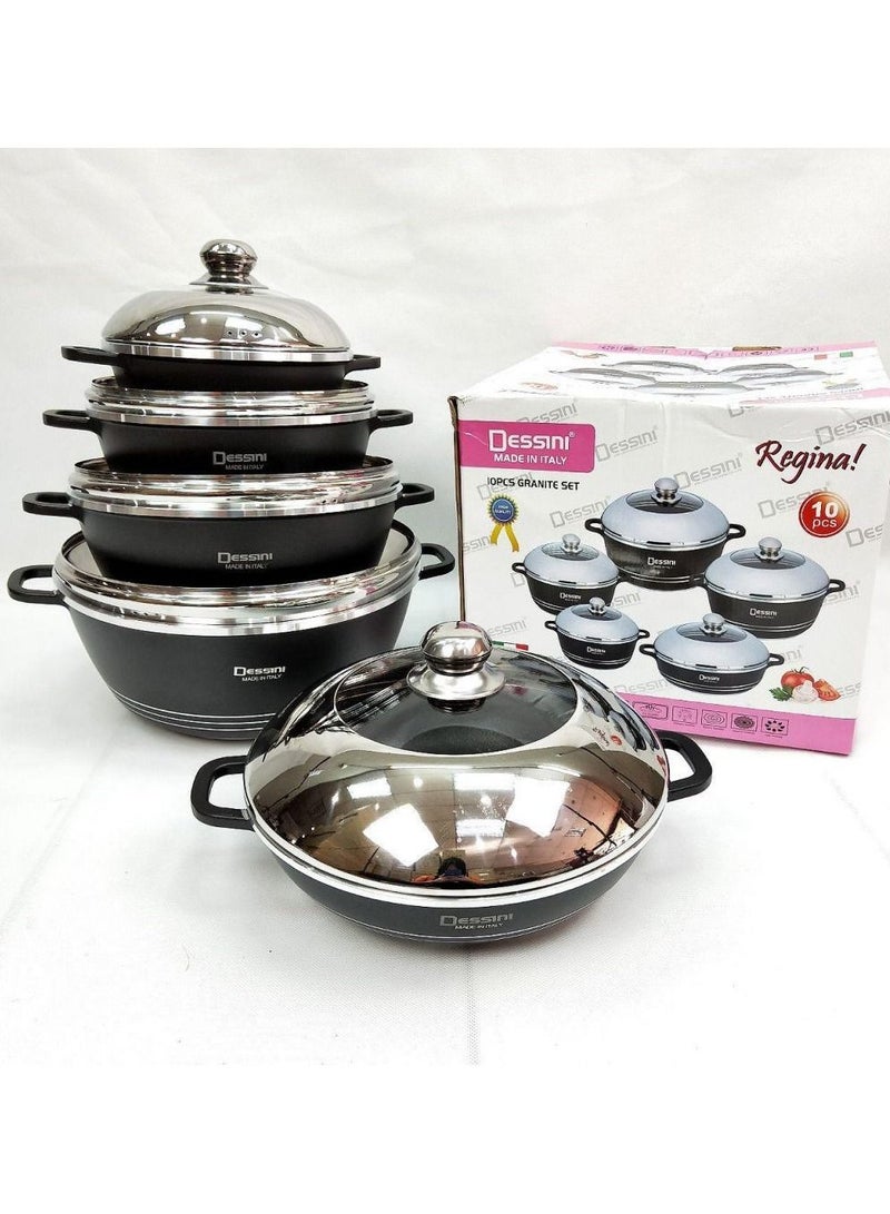 DESSINI طقم أواني طهي غير لاصقة 10 قطع من ديسيني باللون الأسود 1 × قدر (20) ، قدر (24) ، قدر (28) ، قدر (32) ، قدر ضحل (28) سم باللون الأسود - Image 2