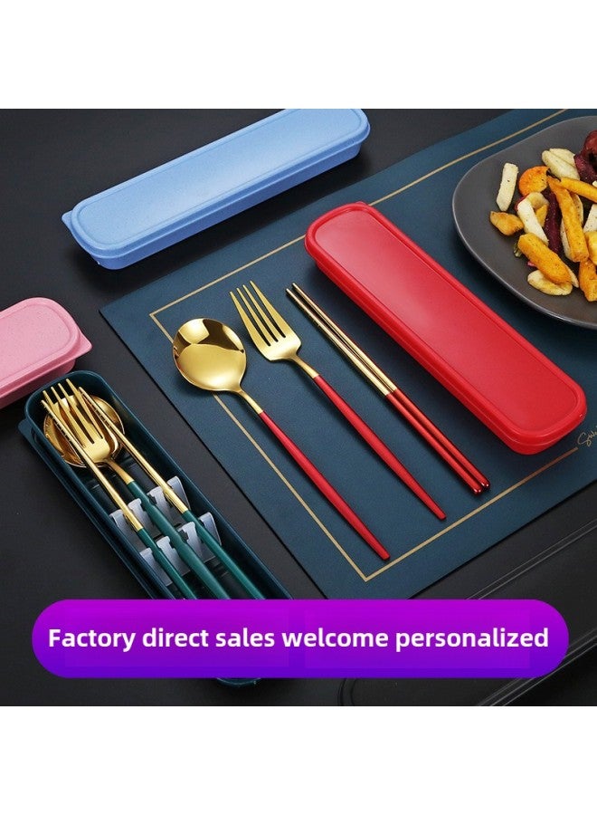 Portable Stainless Steel Titanium Coated Painted Outdoor Dining Set Mirror Polished Utensils Including Spoon Fork Chopsticks-Specifications:Blue Silver 3 Piece Set  - Image 2