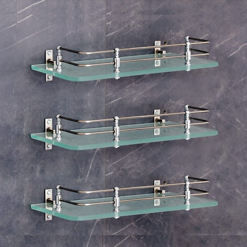 FORTUNE Multi-Purpose Wall Hung (Frosted) Glass Front Bathroom Shelf with Wall Brackets, Storage Holder, 12 x 6 Inch - (Pack of 3) - Image 1