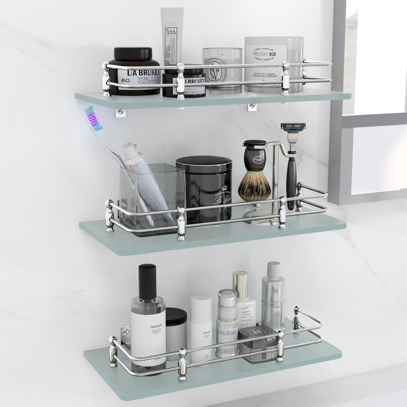 FORTUNE Multi-Purpose Wall Hung (Frosted) Glass Front Bathroom Shelf with Wall Brackets, Storage Holder, 12 x 6 Inch - (Pack of 3) - Image 2