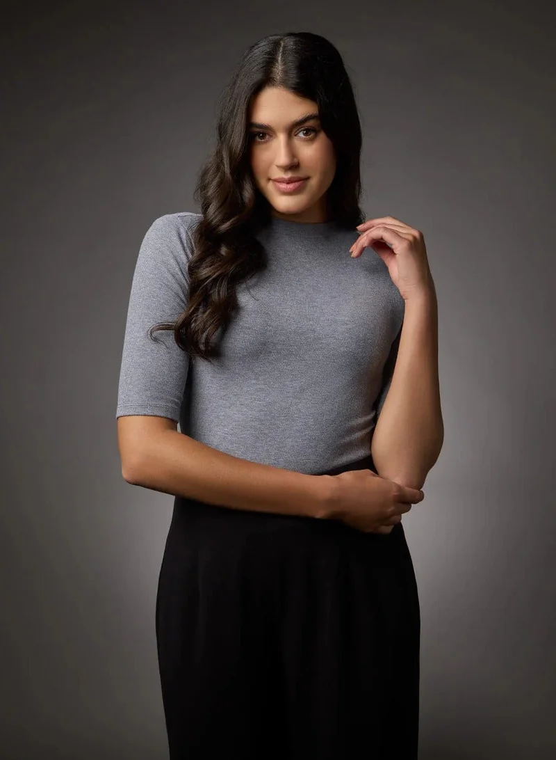 Zigzag Short Sleeve High Neck Rib Top- Light Grey