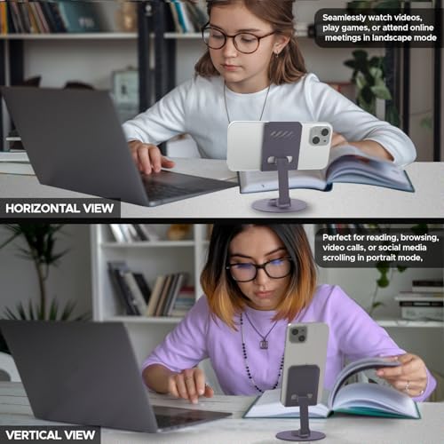 Amkette Ergo 360° Alloy Mobile Stand for Desk, Foldable Design with Stable Rotational Metallic Round Base, Multiple Height & Angle adjustments for Smartphones, Tablets & iPad (Purple) - Image 5