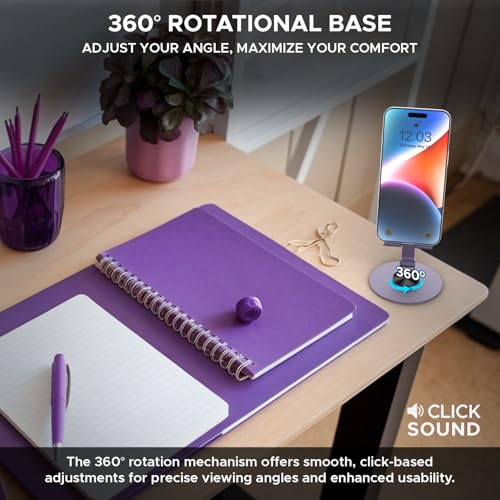 Amkette Ergo 360° Alloy Mobile Stand for Desk, Foldable Design with Stable Rotational Metallic Round Base, Multiple Height & Angle adjustments for Smartphones, Tablets & iPad (Purple) - Image 3