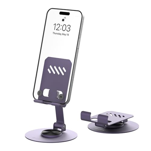 Amkette Ergo 360° Alloy Mobile Stand for Desk, Foldable Design with Stable Rotational Metallic Round Base, Multiple Height & Angle adjustments for Smartphones, Tablets & iPad (Purple) - Image 1