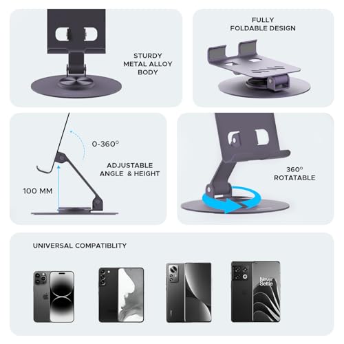 Amkette Ergo 360° Alloy Mobile Stand for Desk, Foldable Design with Stable Rotational Metallic Round Base, Multiple Height & Angle adjustments for Smartphones, Tablets & iPad (Purple) - Image 2