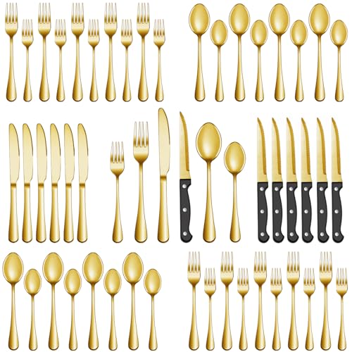 MUTNITT 24 Pcs Gold Silverware Set with Steak Knives, Stainless Steel Flatware Cutlery Set Service for 4, Kitchen Tableware Set, Utensil Set for Home and Restaurant, Knives Forks Spoon Set, Dishwasher Safe - Image 1