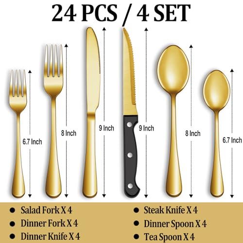 MUTNITT 24 Pcs Gold Silverware Set with Steak Knives, Stainless Steel Flatware Cutlery Set Service for 4, Kitchen Tableware Set, Utensil Set for Home and Restaurant, Knives Forks Spoon Set, Dishwasher Safe - Image 2