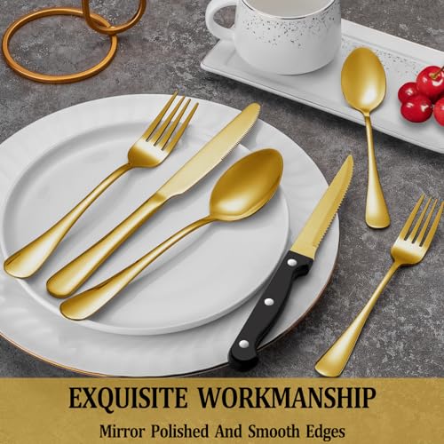 MUTNITT 24 Pcs Gold Silverware Set with Steak Knives, Stainless Steel Flatware Cutlery Set Service for 4, Kitchen Tableware Set, Utensil Set for Home and Restaurant, Knives Forks Spoon Set, Dishwasher Safe - Image 4