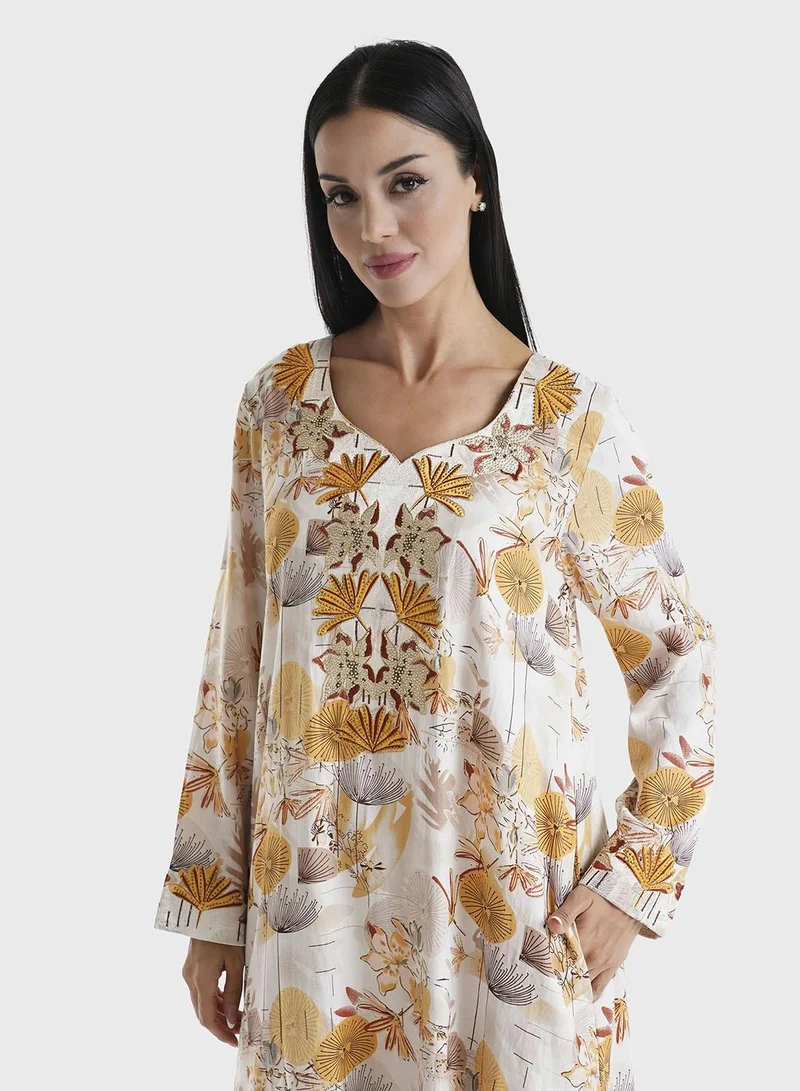 KASHKHA Mustard Floral Printed Cotton Satin Stone Work Jalabiya (VG3020)