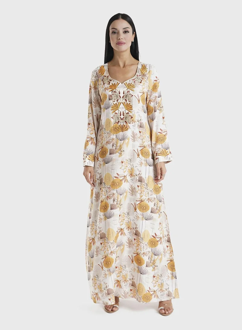 KASHKHA Mustard Floral Printed Cotton Satin Stone Work Jalabiya (VG3020)