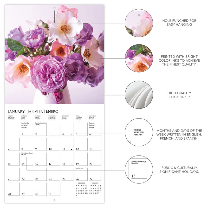 Graphique 2024 Garden Bouquets Mini Wall Calendar | 7â€ x 7â€ | Thick Paper | Home & Office Organizer | Large Monthly Grid | 3 Languages & Marked Holidays | 4 Month Preview Page for 2025 - Image 3