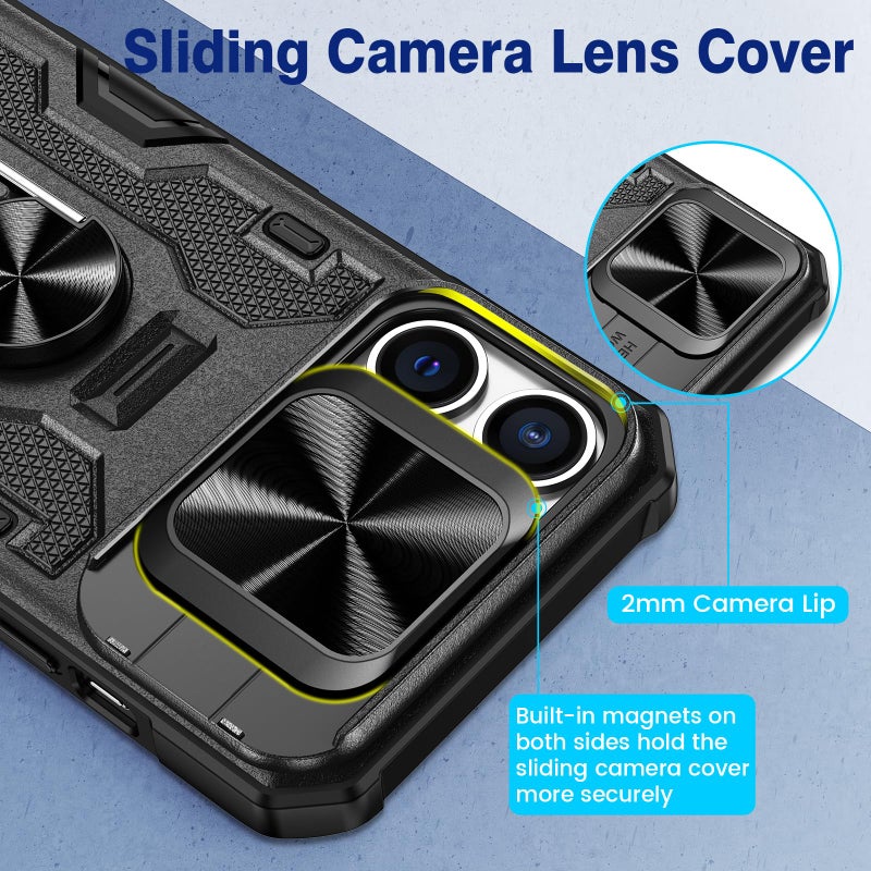 VEGO Case for iPhone 15 Pro Max, Slide Camera Cover & Belt Clip Holster & Magnetic 360Â°Ring Kickstand Military Grade Heavy Duty Protection Cover for iPhone 15 ProMax 6.7" - Black - Image 3