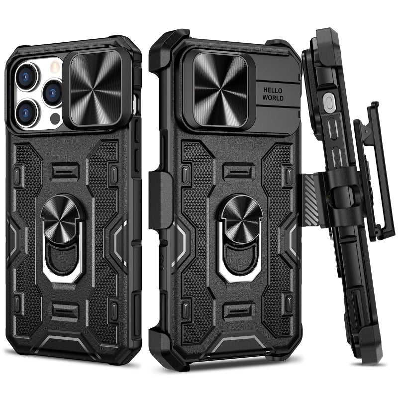 VEGO Case for iPhone 15 Pro Max, Slide Camera Cover & Belt Clip Holster & Magnetic 360Â°Ring Kickstand Military Grade Heavy Duty Protection Cover for iPhone 15 ProMax 6.7" - Black - Image 1