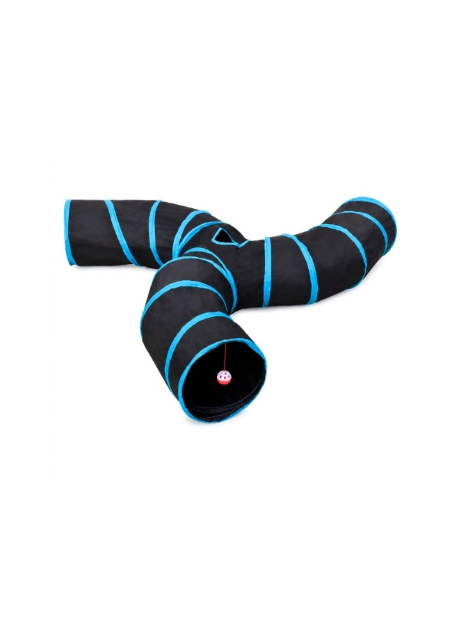 Three-Way S-Shaped Cat Tunnel with Hanging Ball Toy - Foldable Collapsible Pet Play Tube for Cats, Kittens, Puppies, Rabbits, Hamsters - Durable Polyester with Steel Frame, 60cm Each Arm, Black/Blue - Image 2