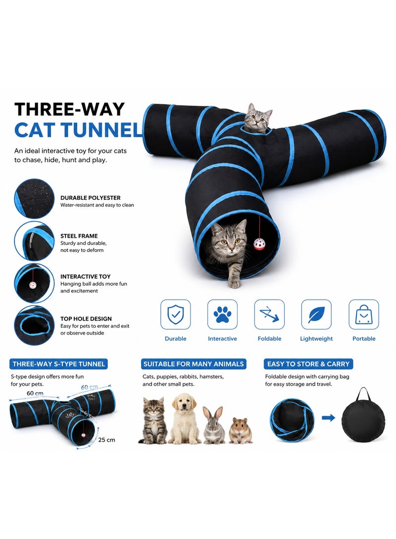 Three-Way S-Shaped Cat Tunnel with Hanging Ball Toy - Foldable Collapsible Pet Play Tube for Cats, Kittens, Puppies, Rabbits, Hamsters - Durable Polyester with Steel Frame, 60cm Each Arm, Black/Blue - Image 1