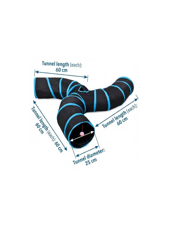 Three-Way S-Shaped Cat Tunnel with Hanging Ball Toy - Foldable Collapsible Pet Play Tube for Cats, Kittens, Puppies, Rabbits, Hamsters - Durable Polyester with Steel Frame, 60cm Each Arm, Black/Blue - Image 3