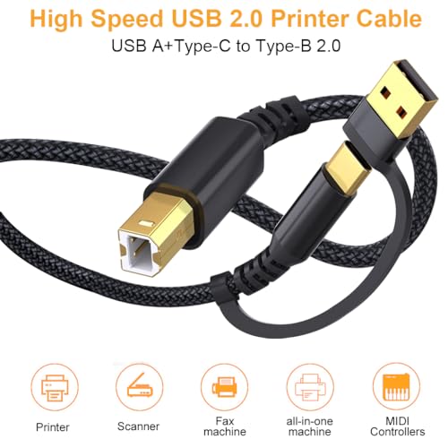 Verilux® 2 In 1 Printer Cable, 6.6FT/2M Type C/USB 2.0 USB A Male to B Scanner Cable, 480Mbps Data Transfer, Plug and Go, Nylon Braided Printer Cable for HP, Canon, Dell, Epson, Lexmark - Image 3