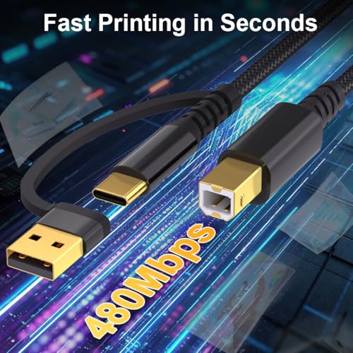 Verilux® 2 In 1 Printer Cable, 6.6FT/2M Type C/USB 2.0 USB A Male to B Scanner Cable, 480Mbps Data Transfer, Plug and Go, Nylon Braided Printer Cable for HP, Canon, Dell, Epson, Lexmark - Image 4