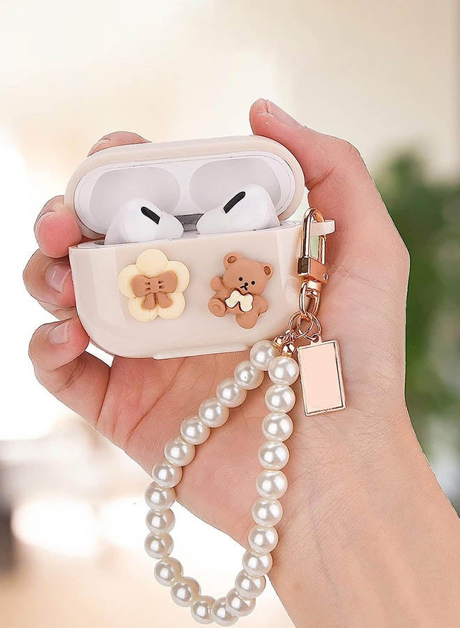 جراب سيليكون لسماعات AirPods Pro 3 (2025)، [حماية شاملة] [شحن لاسلكي وسلكي] [تصميم قطعة واحدة] [مع سلسلة مفاتيح مضادة للضياع] [لطيف وأنيق] غطاء حماية من السقوط مزين برسومات دب/زهرة ثلاثية الأبعاد كرتونية لسماعات AirPods Pro 3، بيج - Image 5