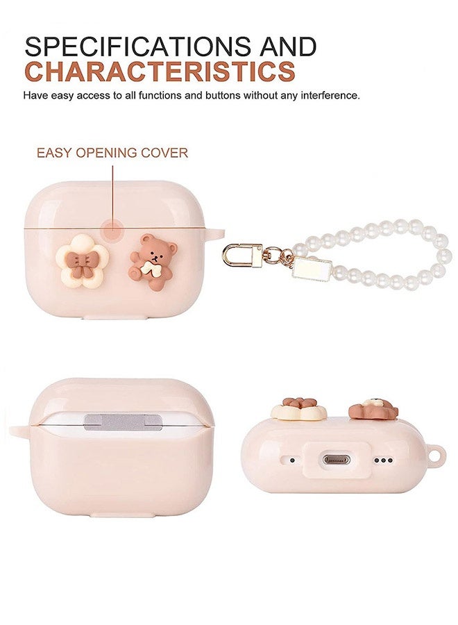 جراب سيليكون لسماعات AirPods Pro 3 (2025)، [حماية شاملة] [شحن لاسلكي وسلكي] [تصميم قطعة واحدة] [مع سلسلة مفاتيح مضادة للضياع] [لطيف وأنيق] غطاء حماية من السقوط مزين برسومات دب/زهرة ثلاثية الأبعاد كرتونية لسماعات AirPods Pro 3، بيج - Image 4
