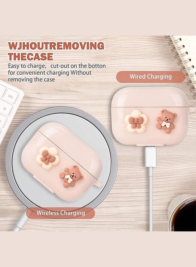 جراب سيليكون لسماعات AirPods Pro 3 (2025)، [حماية شاملة] [شحن لاسلكي وسلكي] [تصميم قطعة واحدة] [مع سلسلة مفاتيح مضادة للضياع] [لطيف وأنيق] غطاء حماية من السقوط مزين برسومات دب/زهرة ثلاثية الأبعاد كرتونية لسماعات AirPods Pro 3، بيج - Image 3
