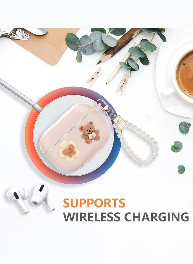 جراب سيليكون لسماعات AirPods Pro 3 (2025)، [حماية شاملة] [شحن لاسلكي وسلكي] [تصميم قطعة واحدة] [مع سلسلة مفاتيح مضادة للضياع] [لطيف وأنيق] غطاء حماية من السقوط مزين برسومات دب/زهرة ثلاثية الأبعاد كرتونية لسماعات AirPods Pro 3، بيج - Image 2