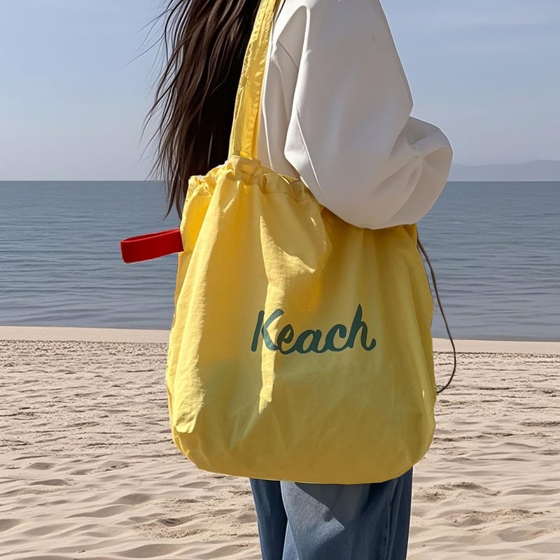 Korean Style Letter Print Large Capacity Nylon Shoulder Bag with Drawstring Tote - Image 2