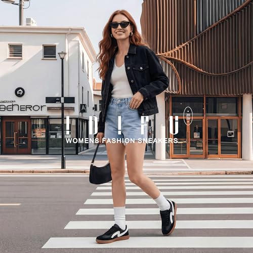 IDIFU Black Sneakers for Women Comfortable Cute Casual Tennis Shoes Non Slip Memory Foam Lightweight Fashion Retro SneakersBlack 8 - Image 3