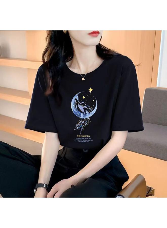 Song Feng Ya Loose Cotton Short-sleeved T-shirt Women's Summer New Style Beautiful Top Design Sense Printed Sweatshirt Women's Round Neck Spring And Autumn 