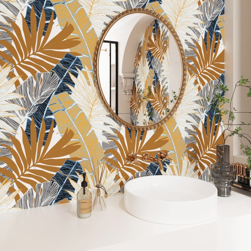 Wallercity Tropical Botanical Leaf Wallpaper Brown Plant Floral Wallpapers for Living Room Bedroom Peel and Stick Wallpaper 17.5" x78.7" Blue Gray Leaves Contact Paper Self Adhesive Vinyl Wall Paper - Image 2